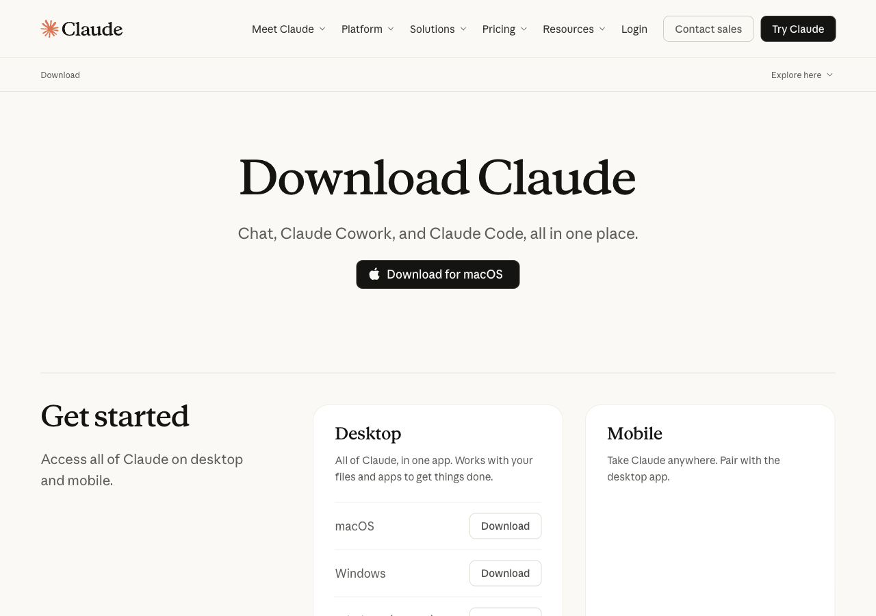 claude.com/download のダウンロードページ