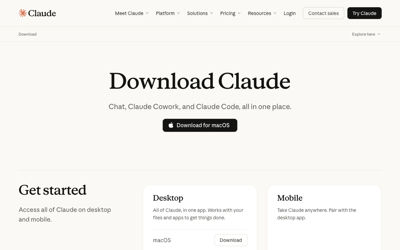 Claude Desktop ダウンロードページ